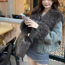 棉衣棉服欧货皮毛一体牛仔派克服女短款复古做旧2025超火皮草外套