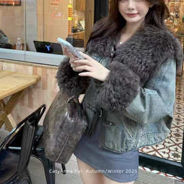 棉衣棉服欧货皮毛一体牛仔派克服女短款复古做旧2025超火皮草外套