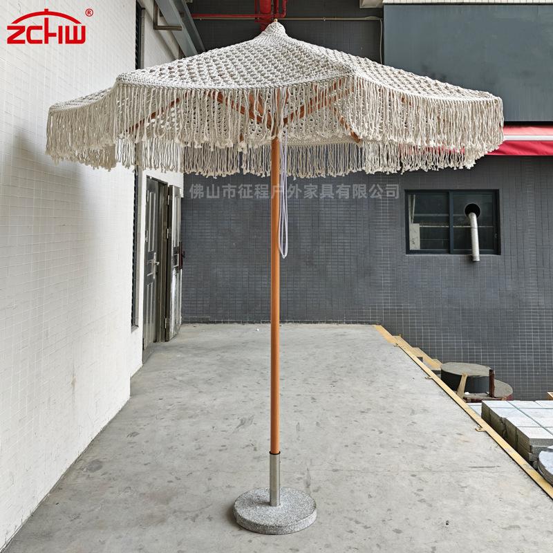 户外镂空伞手工绳编太阳伞网绳流苏拉绳中柱伞装饰遮阳沙滩伞批发