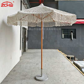 户外镂空伞手工绳编太阳伞网绳流苏拉绳中柱伞装饰遮阳沙滩伞批发