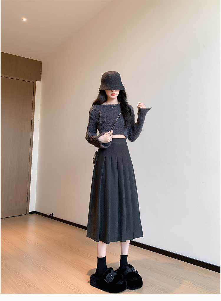 2023 outono/inverno nova saia plissada espessada com elástico e cintura alta emagrecimento e ajuste solto temperamento saia de comprimento médio_voghion.com