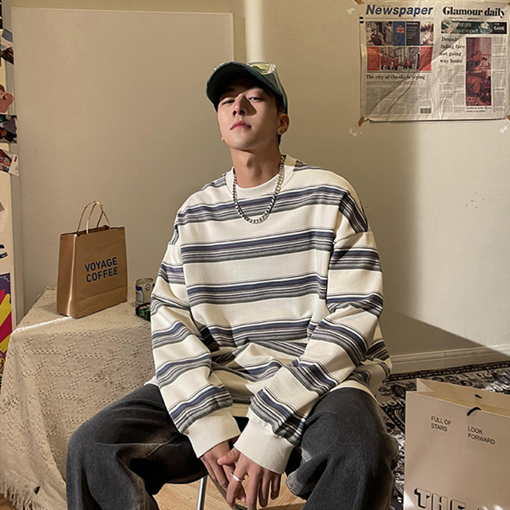 Japanese Hong Kong Style Ins Striped T-Shirt Sweatshirt Men's Loose Round Neck Spring and Autumn Design Niche Loose Lazy Top