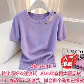 W2F2026夏季新款女士时尚减龄冰丝薄款上衣超好看紫色圆领短袖针