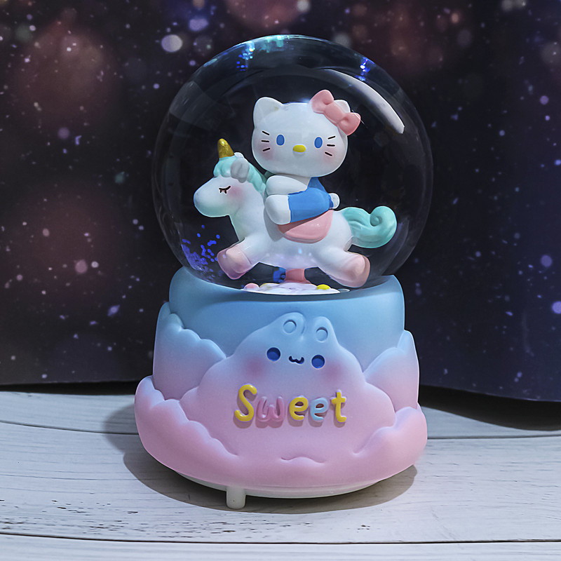 Nueva bola de cristal de mapache rosa pequeña, nieve, caja de música luminosa, luz nocturna, caja de música de regalo, artesanía de una pieza