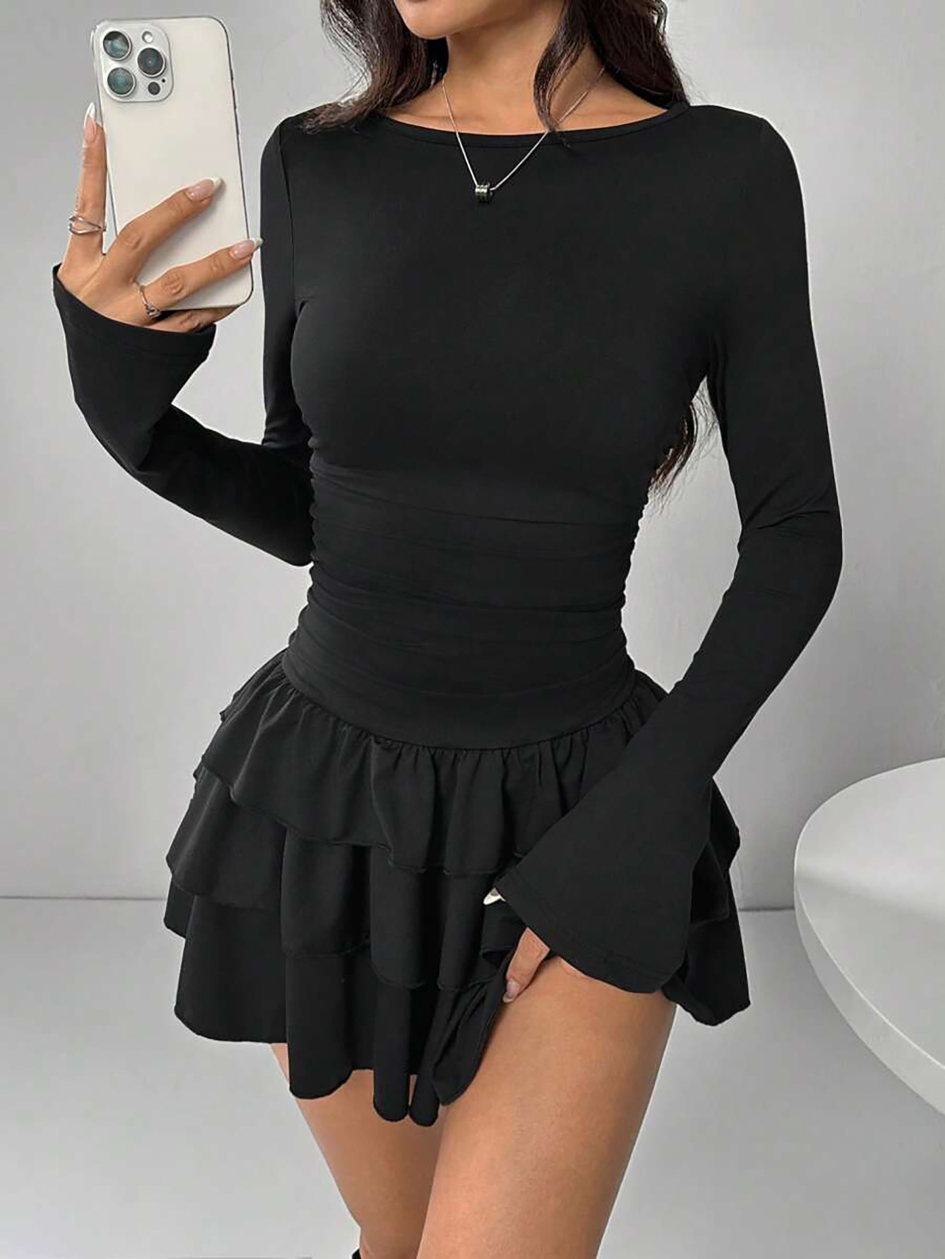 Women's Solid Color Slim Fit Ruffled Panel Long Sleeve Bodycon Mini Dress – Elegant Casual Gown_ecoleips.com
