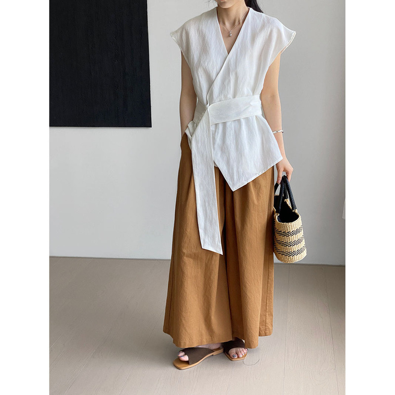 That Summer Relaxation Tencel Linen Temperament Strap Small Shirt Women's Adjustable Waist V-Neck Shirt X2597