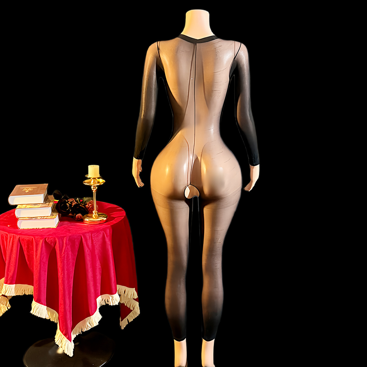 Lencería Sexy Enteriza de Manga Larga de Nailon de Perspectiva para Mujer