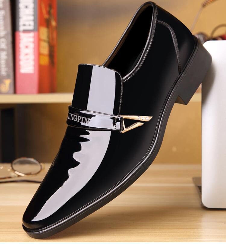 Giày da nam mũi nhọn da PU bóng, giày công sở thanh lịch gót thấp 1–3 cm, nhẹ và bền chống mài mòn — Màu nâu, Màu đen chi tiết 6