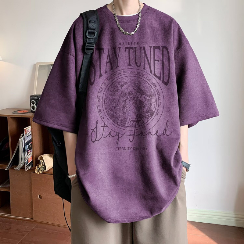 2025新款仿麂皮短袖男夏季新款美式重磅潮牌宽松半袖T恤五分袖潮|undefined