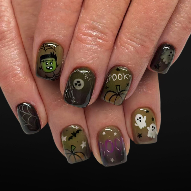 Short Shiny Square Nails 2025 New Halloween Wearable Nails Gradient Green Spider Web Ghost Pumpkin Skull 24 Pieces Short Shiny Square Nails 2025 New Halloween Wearable Nails Gradient Green Spider Web Ghost Pumpkin Skull 24 Pieces