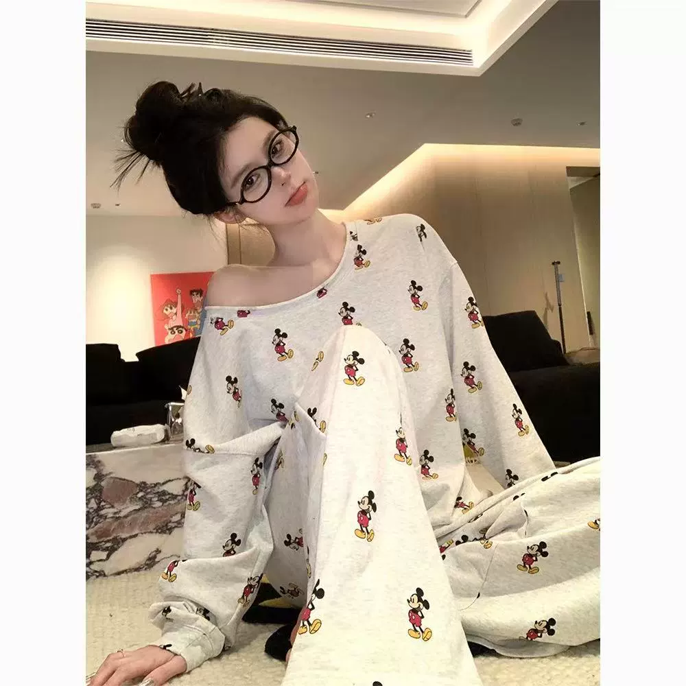 Новые джинны мультяшные пижамы женские весенние и осенние корейские нишевые дизайнерские чувства с открытыми плечами повседневный набор домашней одежды