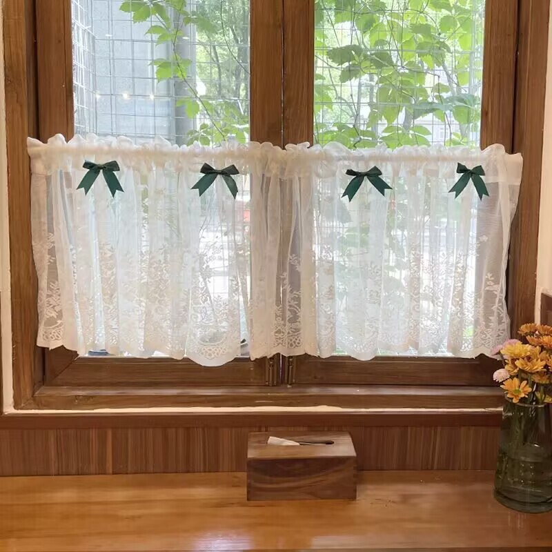 No-Drill Magic Tape French Country Lace Half Curtain Short Curtain Door Curtain Sheer Curtain American Country Kitchen Partition Curtain