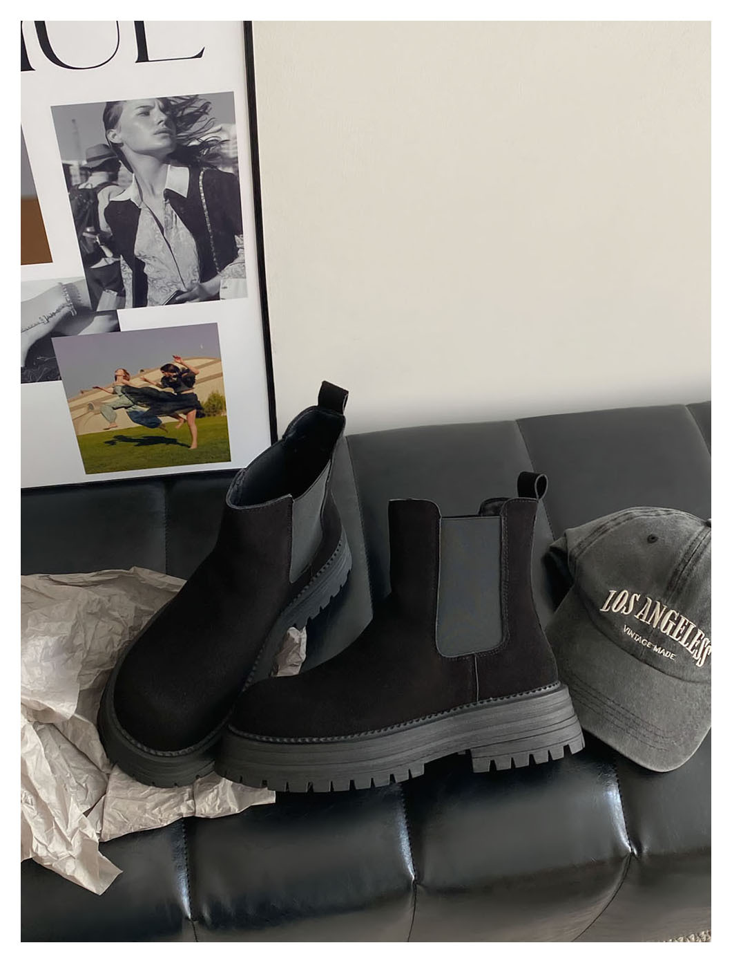 Retro all-in-one platform booties Women's new ankle boots with thick heel elastic sanded leather boots_voghion.com