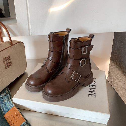 Martin boots, women's genuine leather, autumn and winter, new belt buckle, platform sole, motorcycle knight boots, retro British style short boots
