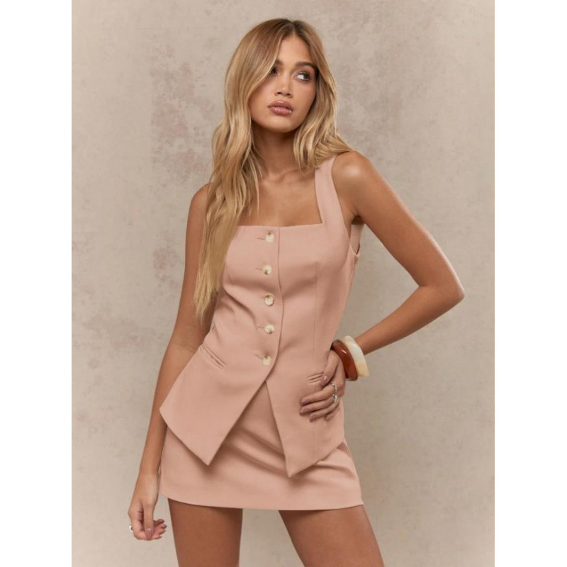 亚马逊Missguided Street纽扣方方颈无袖背心和迷你裙子两件|undefined