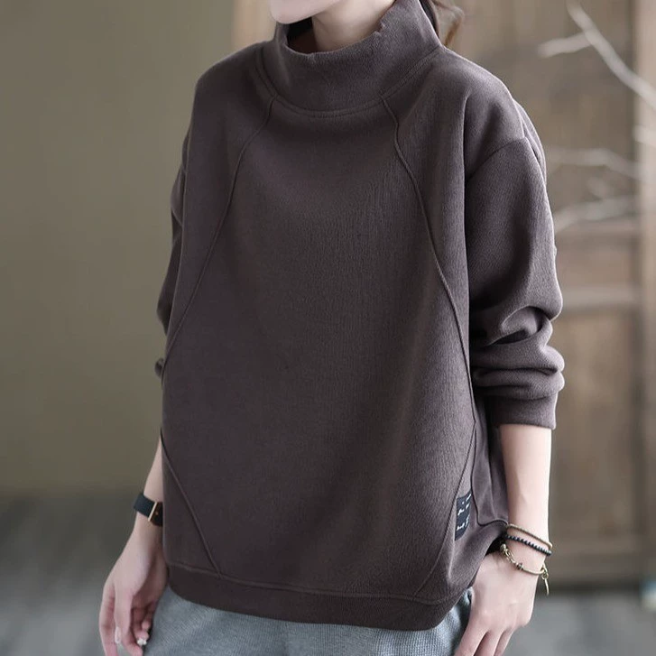 Бархатный пуловер с полувысоким воротником для женщин, осень-зима 2024, новый корейский стиль, свободный повседневный топ с длинными рукавами в художественном ретро-стиле