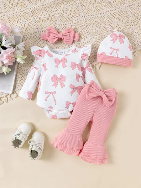 Baby Girl Pink Bowknot Multi-Piece Set Ruffle Bodysuit Bell Bottoms Hairband and Hat Cute Four-Piece Set