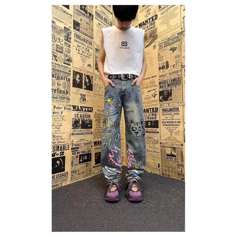 Spring and Autumn Paint Graffiti Jeans Men's Straight-Leg Splash-Ink Casual Trendy Brand Handsome Retro Loose American High Street Pants