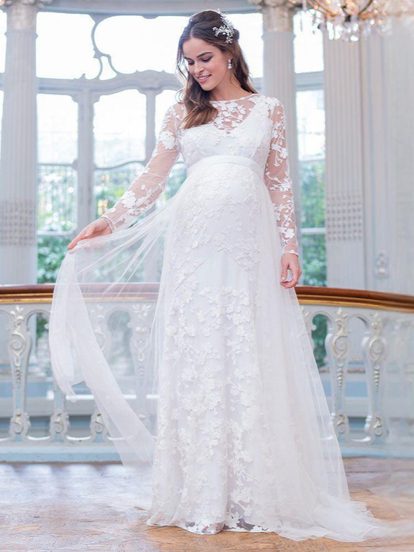 Maternity Dress European and American Style Maternity Dress Lace Long-Sleeve V-Back Hem Puffy Skirt Maternity Wedding Dress
