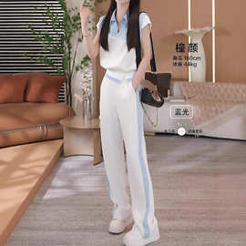 减龄时尚运动风一整套新款穿搭半开领套头拼色短袖上衣两件套女装