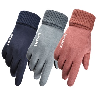Suede gloves men's autumn and winter outdoor warm touch screen fleece-lined thin cycling motorcycle cotton gloves wholesale
