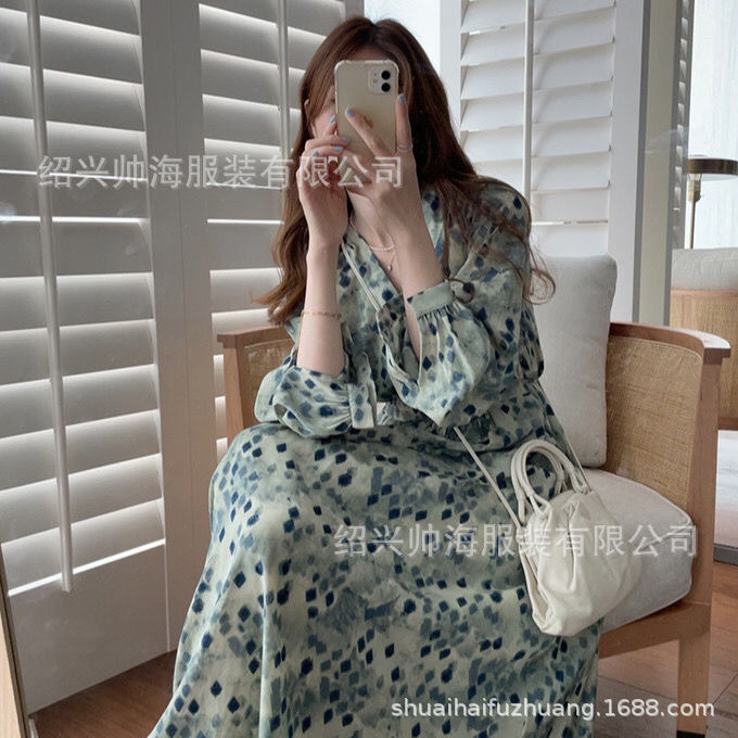 Cross-Border New V Neck Mid-Length Skirt Floral Waist New Women's Green Elegant Commuter Long Plus Size Dress