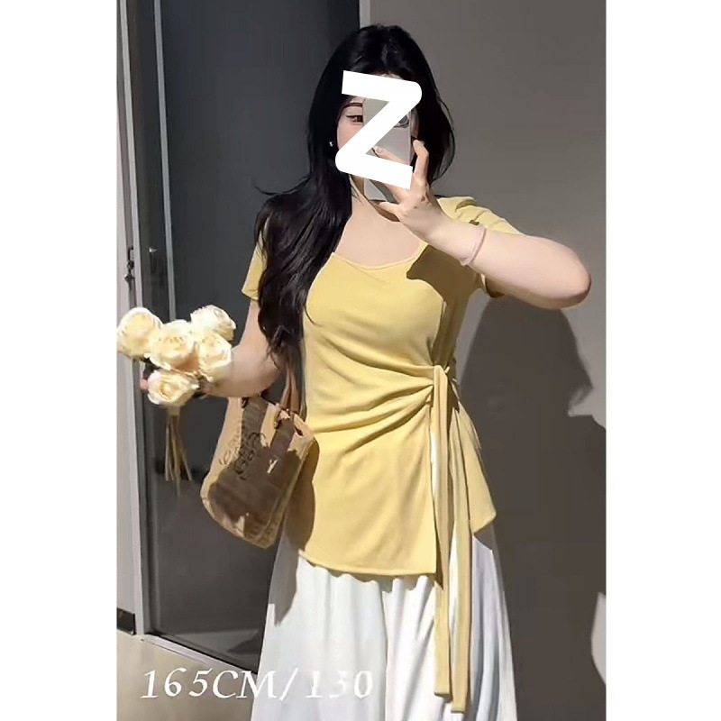 プラスサイズ夏スリムイエロースクエアカラー半袖Tシャツ2025スリムデザイン新しいウエストスリットトップファットmm|undefined