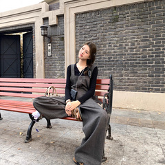 WANANTONG 小众私服UMA 自带时髦感仿羊毛人字纹背带裤休闲裤女秋