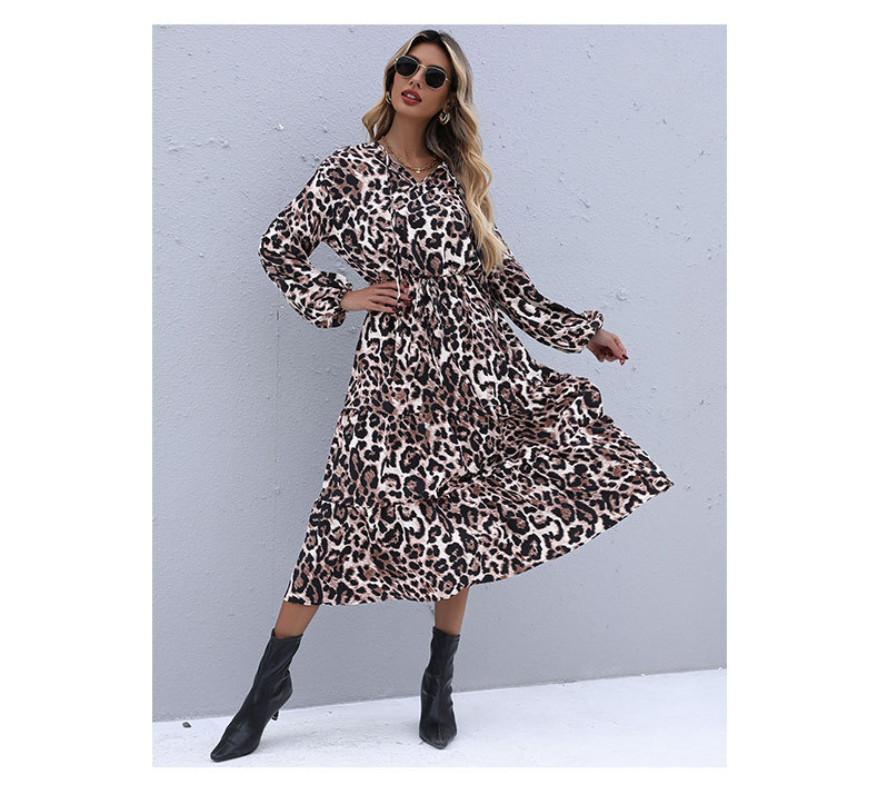 women s Leopard Print V-Neck Elastic Waist Bandage Long Sleeve Dress nihaostyles clothing wholesale NSDMB77532