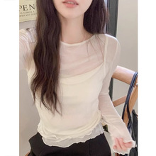 纯欲风白色长袖t恤女秋季修身设计感小众木耳边假两件上衣打底衫