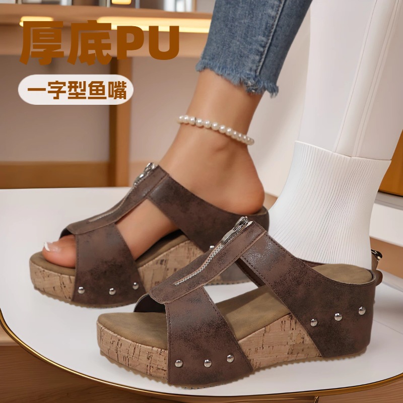 2025 New Foreign Trade Summer Women's Thick-Soled Wedge-Heeled Slippers Cross-Border Large Size Fish Mouth Wedge-Heeled Slippers Women's Shoes Wholesale
