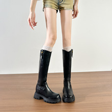 新款V口圆头厚底长靴马丁靴复古不过膝后拉链骑士靴百搭内增高女