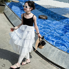 女童吊帶裙夏季長裙雪紡無袖蛋糕連衣裙夏裝海邊沙灘裙子大童女裝