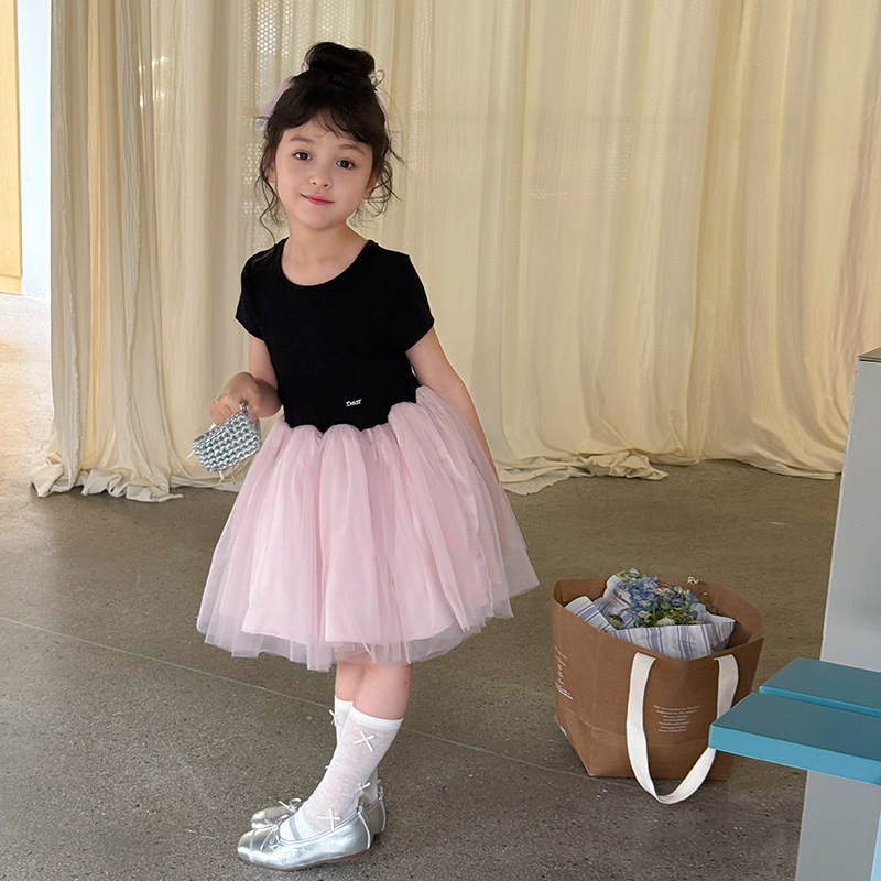Aimo Beibei Kidsren's Elegant Ballet Tutu Skirt Girls Summer Korean Style Contrasting Color Short-Sleeved Princess Dress Aimo Beibei Kidsren's Elegant Ballet Tutu Skirt Girls Summer Korean Style Contrasting Color Short-Sleeved Princess Dress