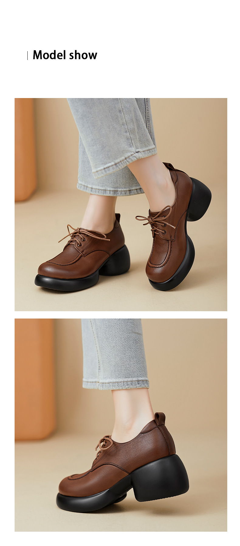 Giày loafer nữ dây buộc phong cách Anh, gót vuông 5,5 cm, mũi sâu, đế dày — màu nâu chi tiết 5