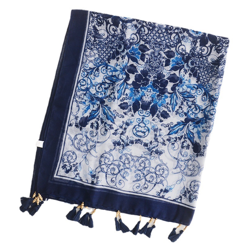 Nuevo hecho a mano de madera borla retro artístico estilo étnico Totem algodón y lino bufanda playa bufanda protector solar toalla