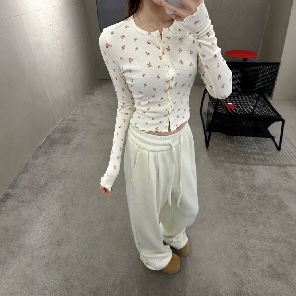2024欧美秋季休闲开衫针织长袖长裤睡衣女士花朵印花简约家居服