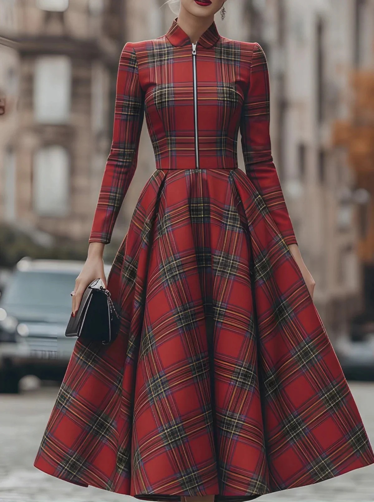 2025 European and American Women's Fashion Independent Site Amazon Stand Collar Long Sleeve Plaid Digital Print Zipper Dress Long Skirt