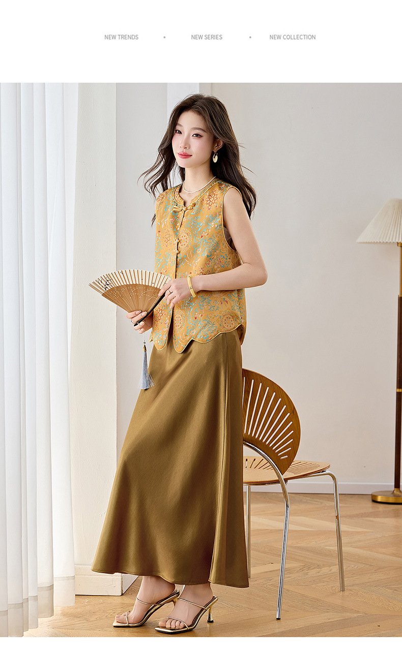 Set áo gile vest và chân váy maxi thắt eo phong cách tân cổ điển WA9509 — màu vàng chi tiết 17