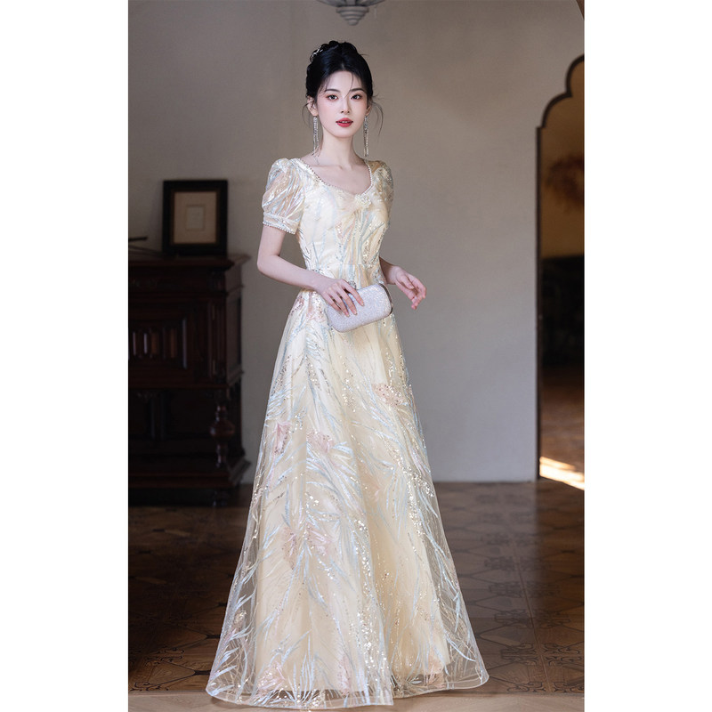 French-style evening dress for women, champagne color, suitable for banquets and annual meetings, elegant long dress for hosts, high-end luxury, suitable for vocal music exams French-style evening dress for women, champagne color, suitable for banquets and annual meetings, elegant long dress for hosts, high-end luxury, suitable for vocal music exams