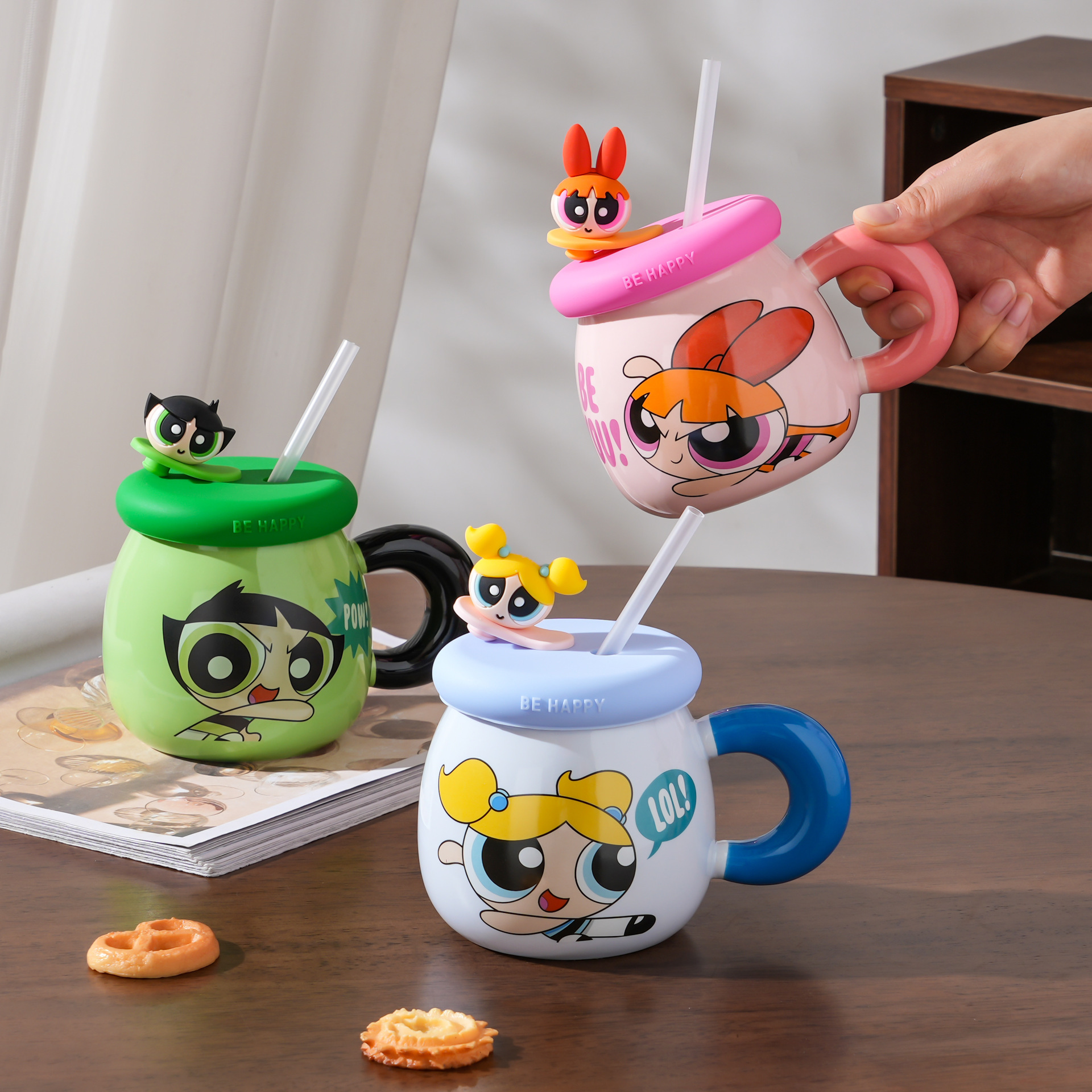 Taza de cerámica Powerpuff Girls con tapa, diseño lindo, ideal para café y regalo de cumpleaños.