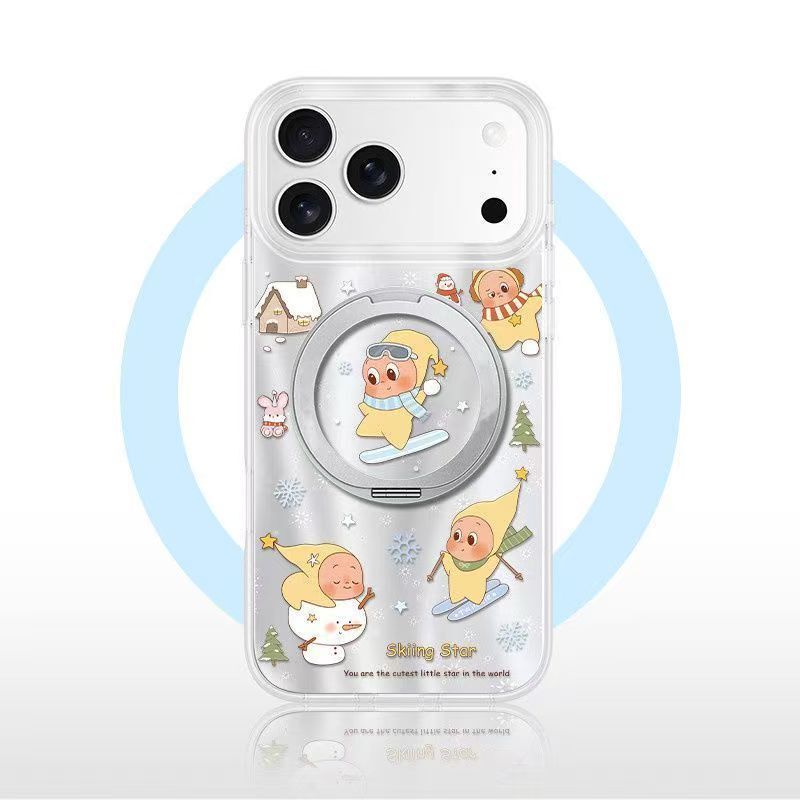 Cute Skiing Starman Rotating Folding Stand Case for iPhone 17 PRO MAX, 16/15/14