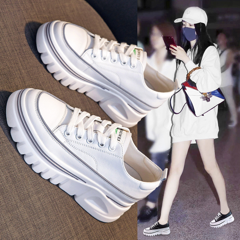 2026 New Style Genuine Leather Thick-Soled White Sneakers Platform Shoes Women's Sports Casual Shoes Height-Increasing Lace-Up Women's Single Shoes
