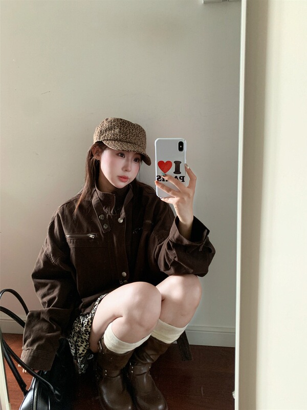 American Retro Maillard Coffee Color Stand-Up Collar Long-Sleeved Jacket for Women Autum Casual Loose Workwear Motorcycle Jacket Top