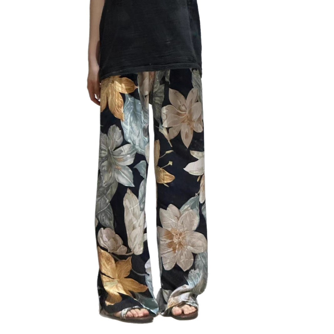 Nuevos pantalones de seda casuales estampados para mujer, pantalones de pierna recta delgados perezosos de verano, pantalones de pierna ancha delgados, pantalones para caminar delgados