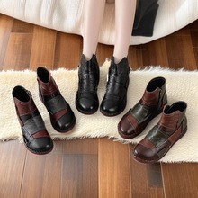 拼色真皮短靴保暖舒适棉鞋冬季头层牛皮平底牛筋底休闲女靴民族风