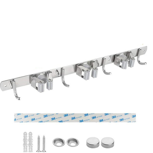 304 Stainless Steel Nail-Free Mop Hook Mop Holder Adhesive Swiffer Mop Stand Multi-function Wall Mount