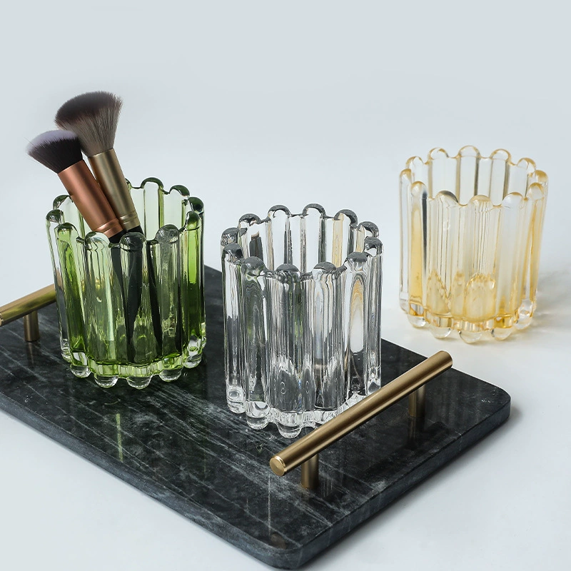 Brush, eyebrow pencil, pens holder, glass decorations, table storage system