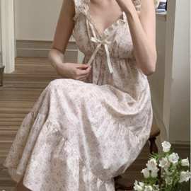 韩国ins女士夏法式田园风铃花碎花吊带连衣裙长款家居服背心睡裙