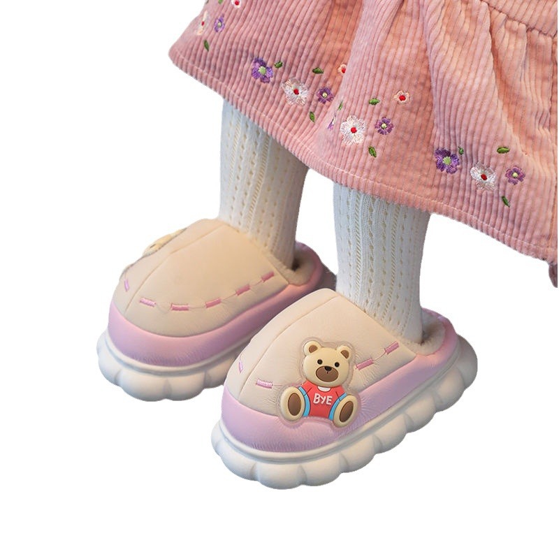 Children's winter home protection, thickened baby plush slippers, waterproof cartoon cute cotton slippers for boys and_voghion.com